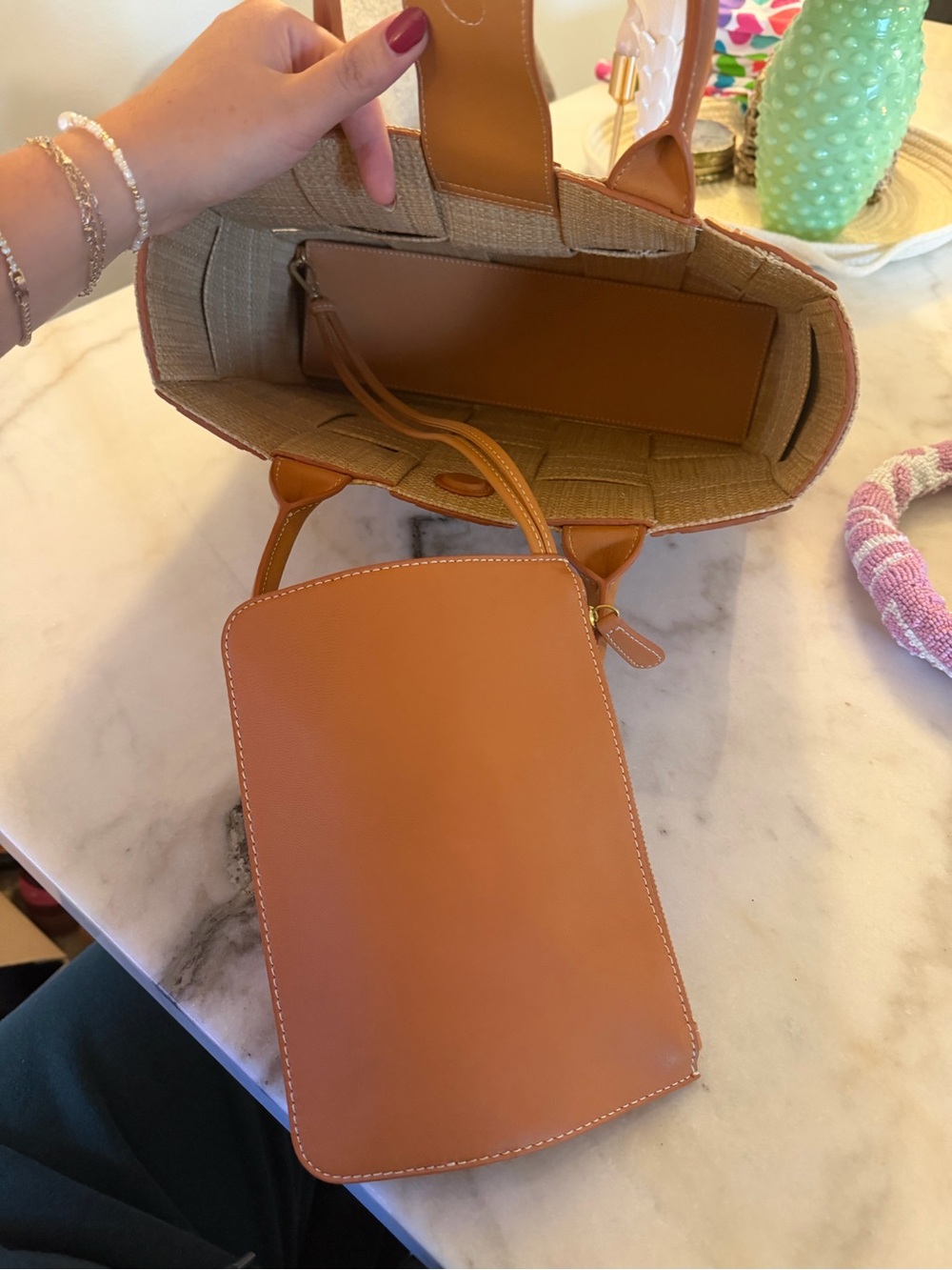 Woven Leather-Trim Tote Bag in Tan - Picture 3 of 5